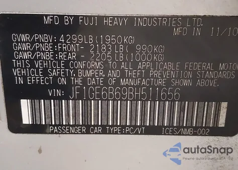 2011 Subaru Impreza 2.5I Premium from USA, damaged, VIN JF1GE6B69BH511656